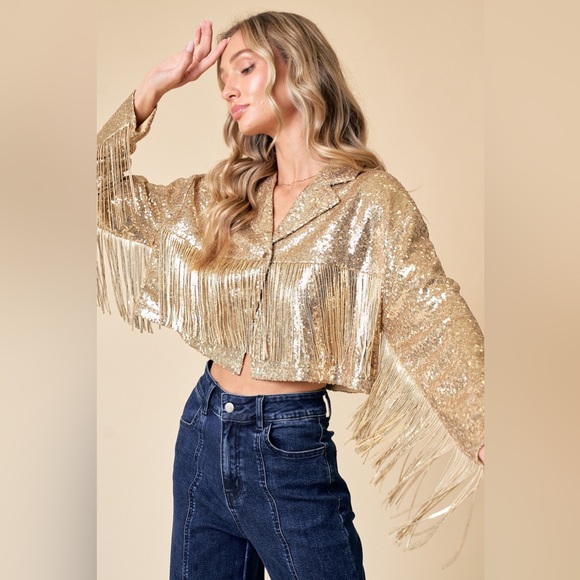NWT!! GOLD CROPPED SEQUINS FRINGE FESTIVAL AND CONCERT JACKET - Picture 1 of 6
